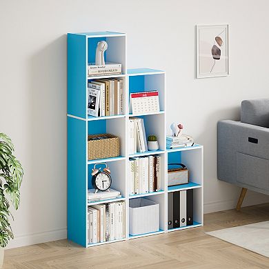 Furinno 9" x 12" x 42" Storage Shelf 4 Tier Cube Bookcase, White & Blue