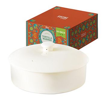 Chef Tacos Ceramic Tortilla Warmer, Microwavable, Tortilla Holder with Lid (10-inch, Cream)