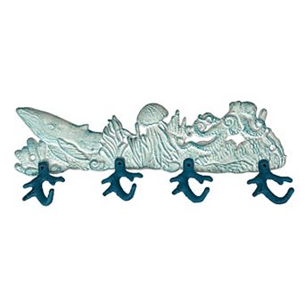 Cast Iron Sealife Plaque with Coral Hooks - Coastal Wall Decor