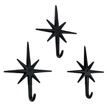 Set of 3 Black Finish Cast Iron Atomic Starburst Wall Hooks