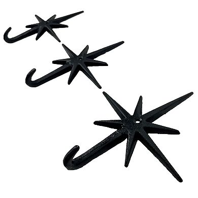 Set of 3 Black Finish Cast Iron Atomic Starburst Wall Hooks