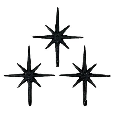 Set of 3 Black Finish Cast Iron Atomic Starburst Wall Hooks
