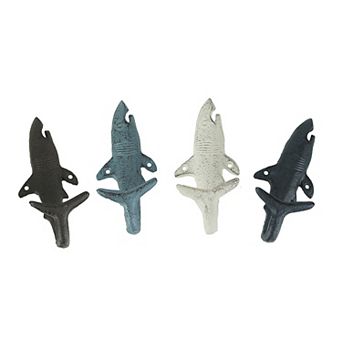 4 pc Rustic Nautical Colored Finish Cast Iron Shark Wall Hook Set