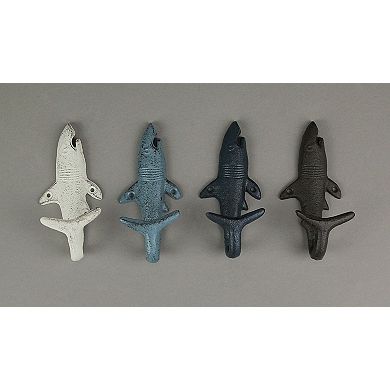 4 Piece Rustic Nautical Colored Finish Cast Iron Shark Wall Hook Set