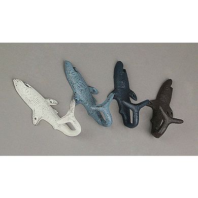 4 Piece Rustic Nautical Colored Finish Cast Iron Shark Wall Hook Set