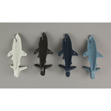4 Piece Rustic Nautical Colored Finish Cast Iron Shark Wall Hook Set