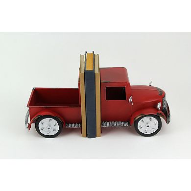 Vintage Red Pickup Truck Weathered Finish Metal Bookends Front and Back