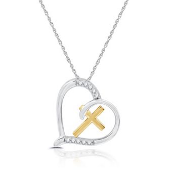 Diamond Essentials 14k Gold Over Sterling Silver 1/10 Carat T.W. Lab-Grown Diamond Cross and Heart Pendant Necklace