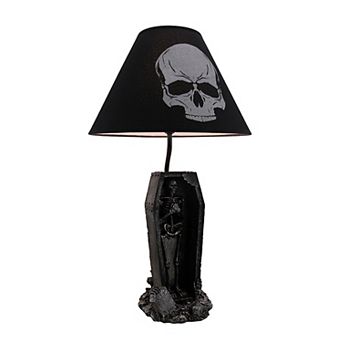 The Gloaming Skeleton in a Coffin Table Lamp and Fabric Skull Shade