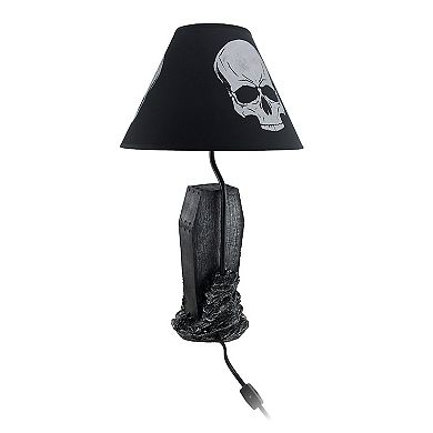 The Gloaming Skeleton in a Coffin Table Lamp and Fabric Skull Shade