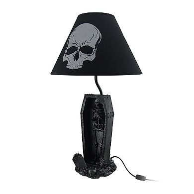 The Gloaming Skeleton in a Coffin Table Lamp and Fabric Skull Shade
