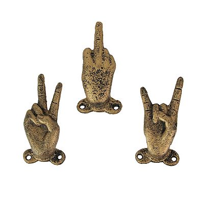 Set of 3 Gold Cast Iron Hand Gesture Decorative Wall Hooks Key Towel Hanger