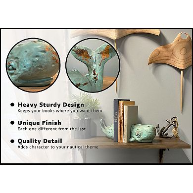 Verdigris Decorative Whale Bookends Resin Bookshelf Nautical Decor Rustic Beach