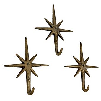 Set of 3 Gold Finish Cast Iron Atomic Starburst Wall Hooks