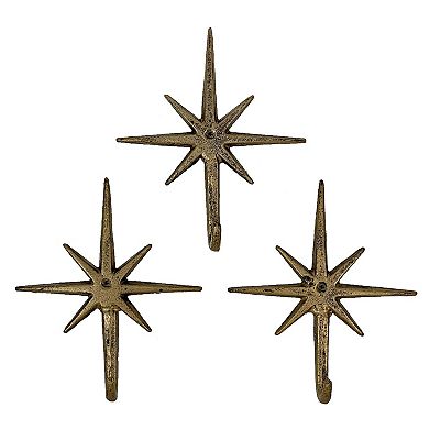 Set of 3 Gold Finish Cast Iron Atomic Starburst Wall Hooks