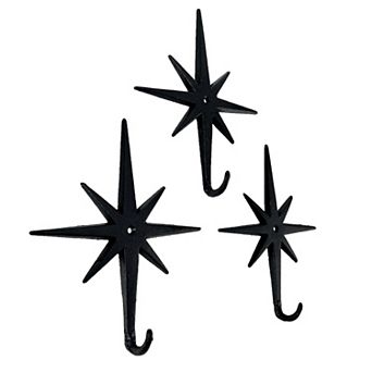 Set of 3 Atomic Starburst Wall Hooks Mid-Century Modern Design, Black Finish