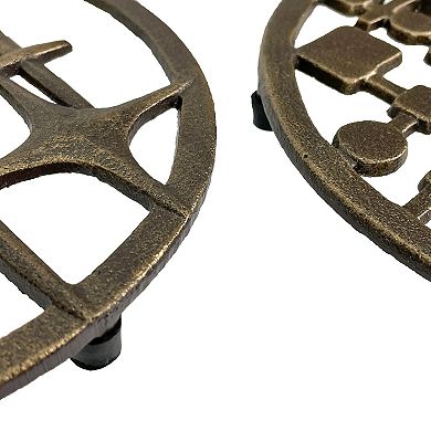 Set of 2 Cast Iron Trivets Stars & Circles/Squares, Bronze, 8" MCM Style