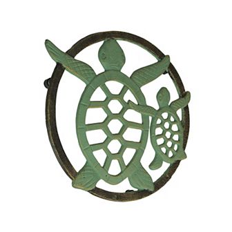 Cast Iron Sea Turtle Trivet Verdigris Finish, Bronze Accents, 8" Coastal Décor