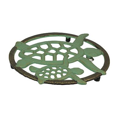 Cast Iron Sea Turtle Trivet Verdigris Finish, Bronze Accents, 8" Coastal Décor