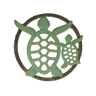 Cast Iron Sea Turtle Trivet Verdigris Finish, Bronze Accents, 8" Coastal Décor