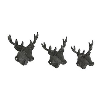 Set of 3 Rustic Brown Deer Head Decorative Wall Hooks Lodge Decor