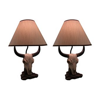 Set of 2 Cattle Ranch Bovine Cow Skull Decorative Table Lamps with Fabric Shades
