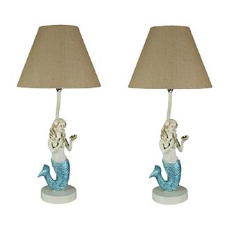 Set of 2 Blue Glitter Tail Mermaid Table Lamps Coastal Beach Decor Burlap Shade