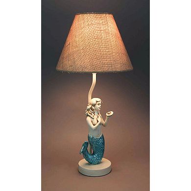 Set of 2 Blue Glitter Tail Mermaid Table Lamps Coastal Beach Decor Burlap Shade