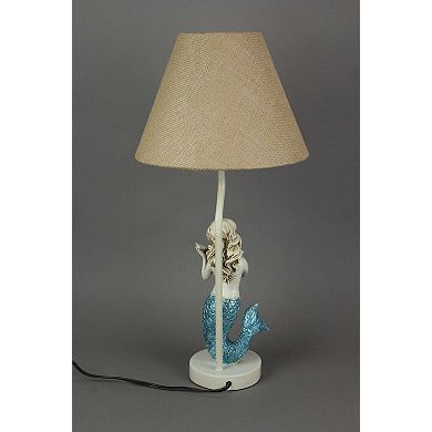 Set of 2 Blue Glitter Tail Mermaid Table Lamps Coastal Beach Decor Burlap Shade