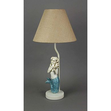Set of 2 Blue Glitter Tail Mermaid Table Lamps Coastal Beach Decor Burlap Shade