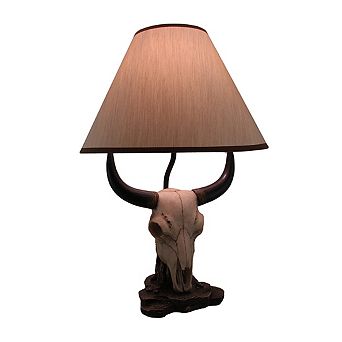 Cattle Ranch Decorative Steer Skull Table Lamp with Beige Fabric Shade