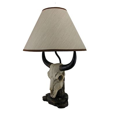 Cattle Ranch Decorative Steer Skull Table Lamp with Beige Fabric Shade