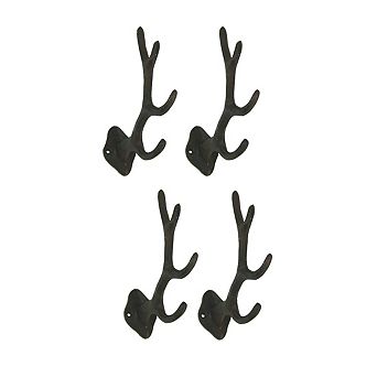 Rustic Brown Cast Iron Antler Wall Hooks Set of 4