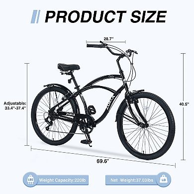 LOVMOR Men's 26 Inch Beach Cruiser Bike 7 Speed Multi Colors
