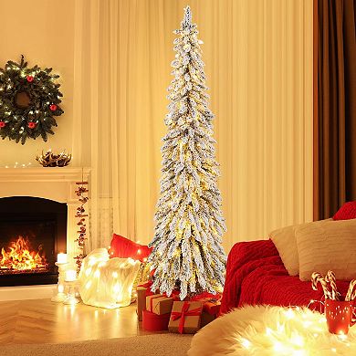 Costway 4 FT/5ft/6ft Pre-Lit Slim Christmas Tree Flocked Xmas Decoration