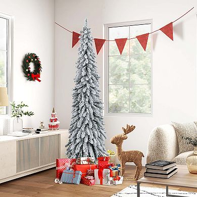 Costway 4 FT/5ft/6ft Pre-Lit Slim Christmas Tree Flocked Xmas Decoration