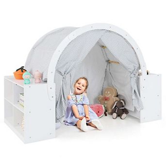 Costway Indoor Playhouse with Storage Wooden Kids Play Tent with Curtain Shades & 8 Cubbies