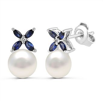 Luna Mia Sterling Silver Lab-Created Sapphire & Fresh Water Cultured Pearl Earrings