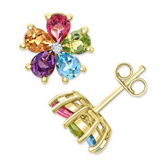 Luna Mia 14k Yellow Gold Over Silver Multi-Gemstone Diamond Accent Flower Earrings