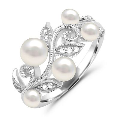Luna Mia Sterling Silver Fresh Water Cultured Pearl & Diamond Accent Vine Ring