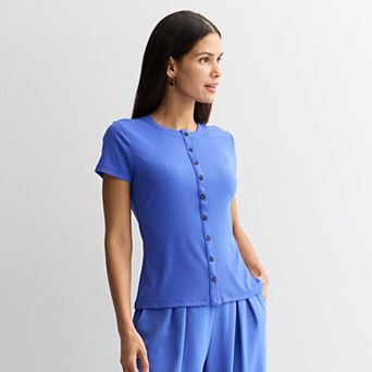 Women's Nine West Ribbed Short Sleeve Button Down Top