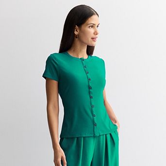 Women's Nine West Ribbed Short Sleeve Button Down Top