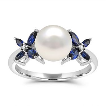 Luna Mia Sterling Silver Fresh Cultured Water Pearl & Lab-Created Sapphire Ring