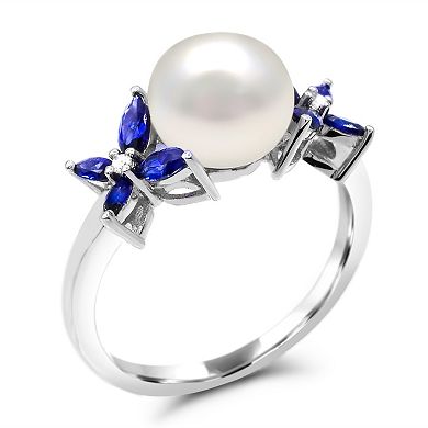 Luna Mia Sterling Silver Fresh Cultured Water Pearl & Lab-Created Sapphire Ring