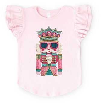 Pink and Teal Nutcracker Patchwork Print - Flutter Sleeve Graphic T-Shirt