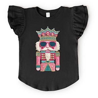 Pink and Teal Nutcracker Patchwork Print - Flutter Sleeve Graphic T-Shirt