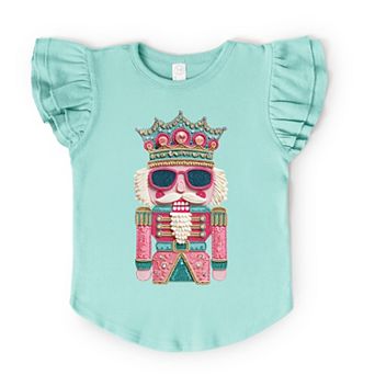 Pink and Teal Nutcracker Patchwork Print - Flutter Sleeve Graphic T-Shirt