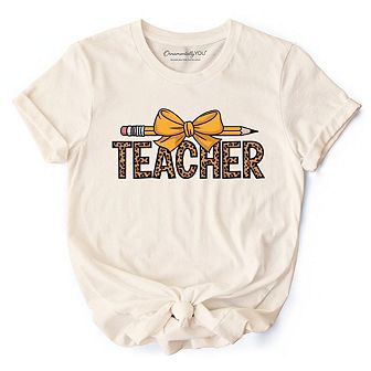 Teacher Leopard Pencil T-Shirt, Coquette Bow Retro Classroom Tee for Educators