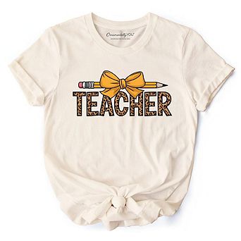 Teacher Leopard Pencil T-Shirt, Coquette Bow Retro Classroom Tee for Educators