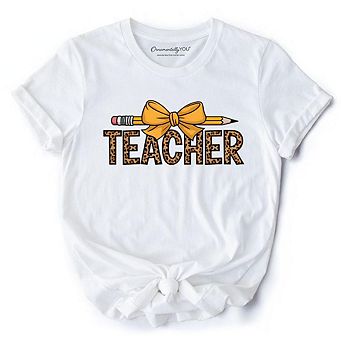Teacher Leopard Pencil T-Shirt, Coquette Bow Retro Classroom Tee for Educators